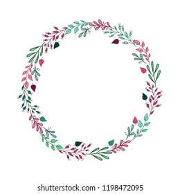 Wreath of pink,aquamarine,burgundy hand drawn branches and leaves,Round frame with space for your text.Decoration for greeting card,wedding invitation,save the date