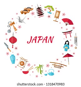Wreath with place for text on the topic of travel to Japan. Vector frame of traditional Japanese characters. Vector.