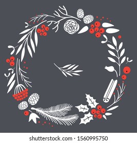 Wreath with the plants, branches, berries