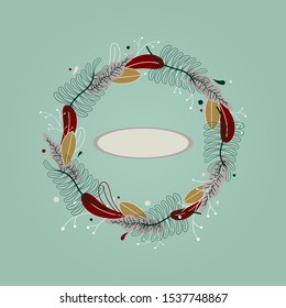 wreath of plants on a blue background with a place for the inscription
