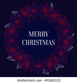 Wreath with poinsettia and text "Merry christmas"