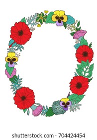 Wreath with poppies and other flowers and plants. Vector hand drawn illustration, oval frame for your design.