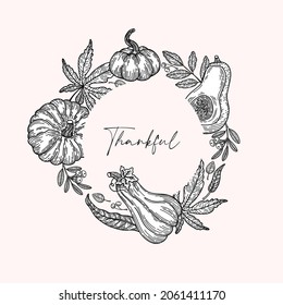 Guirnalda con calabaza, hojas e ilustraciones vectoriales de berry. Diseño del marco de acción de gracias. Temporada de cosecha