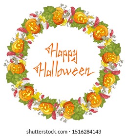 Сontour wreath with pumpkins isolated on white. Round frame. Pretty wreath with Halloween decoration. Happy Halloween. For season greeting cards, posters, advertisement.