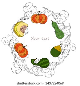 A wreath of pumpkins. Vector illustration for greetings, invitations.