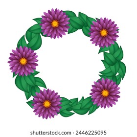 Wreath of purple flowers and green leaves. Round flower frame. Vector illustration isolated on white background.