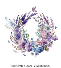 Wreath with purple and lilac watercolor flowers. Vector illustration