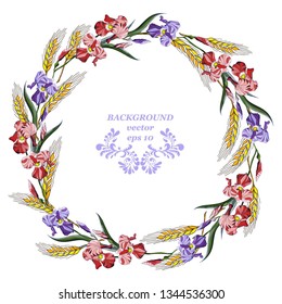 Wreath Purple, violet , red Iris Flowers bouquet, gold  spikelets, Isolated on White Background. vector illustration 