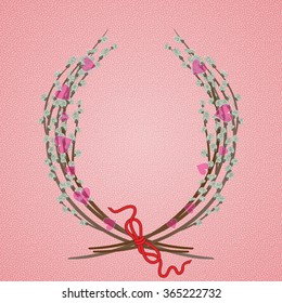 The wreath of pussy willow  with red bow
