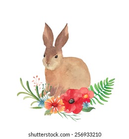 Wreath and Rabbit. Watercolor Easter art print. Vector hand drawn illustration in vintage style. Artistic natural design spikelet, horsetail field, buttercup, grass and leaves