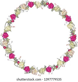 Wreath with Ranunculus flowers in red, light yellow and cream colors, buds, leaves and wildflowers. Can be used for decoration, greeting cards, announcements, posters, stickers and advertisements