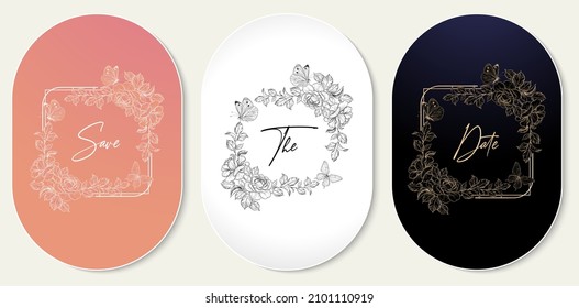 wreath rectangle frame with flower rose and butterfly vector isolated background applicable for greeting cards, wedding invitation, initial name on your card label, letterpress and screen printing 