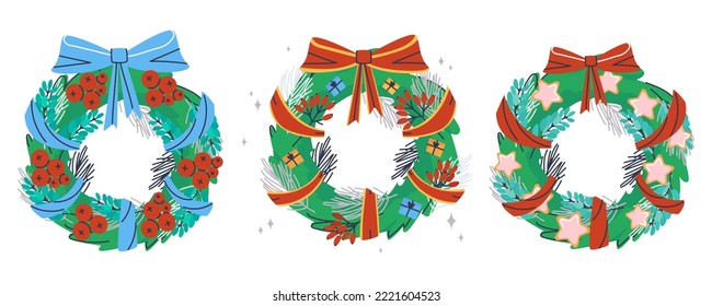 Wreath with red berries, with gift boxes and icing gingerbread. Set of three wreaths made from fir branches. Festive decoration for congratulations. Flat vector illustration, eps10