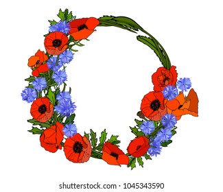 Wreath of red and blue flowers.