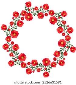 Wreath of red cherry blossoms on a branch with green leaves. round floral frame. illustration of sakura flower. Hand painted on white background for wedding invitations, cards, banners.