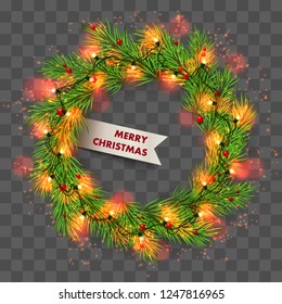 Wreath from red Christmas lights, Garland on transparent background with bokeh and green branches of fir, tree. Vector illustration. Happy New Year template decoration, holiday design, decor. 