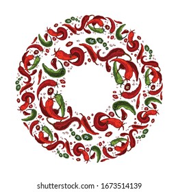 A wreath of red hot chili peppers. In the style of hand-drawn. A set of vegetables. Pattern for indian, mexican, oriental spicy food, spice shops. Isolated illustration on white background. Vector.