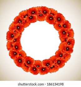 Wreath of Red Poppies, floral round frame, vector illustration