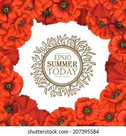 Wreath of Red Poppies, floral round frame, vector illustration. Ornate red flower decoration with text label. Elegant Vintage Greeting card design. 