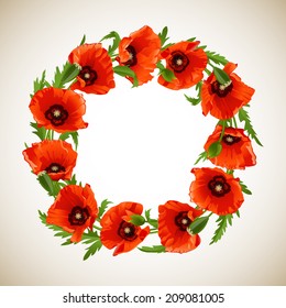 Wreath of Red Poppies, floral round frame, vector illustration