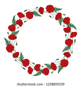 Wreath with red poppy flowers. Round floral frame. Papáver. Green stems and leaves. Hand drawn vector illustration. Isolated on white background. 
