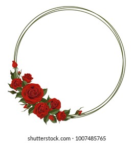 Wreath With Red Rose. Floral Design Decor For Greeting Or  Wedding Card. Round Frame Made Of Branches. Vector Template.