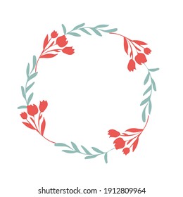 A wreath of red tulips and a green branch on a white background