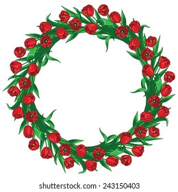 Wreath of  red tulips and green leaves.