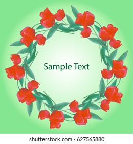Wreath of red tulips on a green background