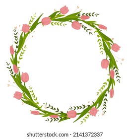 A wreath of red tulips. Vector stock illustration. Wreath, floral frame, watercolor flowers. Isolated on white background. Perfectly for greeting card designer.