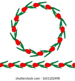 A wreath of red tulips.Seamless brush.Spring flowers.For making postcards.Flowers for the holiday of March 8, Easter.Vector illustration