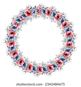 Wreath with red vintage flowers, leaves and branches in vintage watercolor style. Vector circle frame