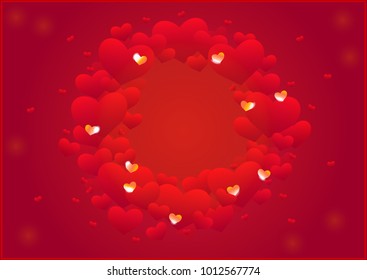 Wreath of red volume hearts with little isolated gold hearts on purple background with red blur spots