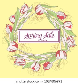 Wreath with red white tulips. Vector illustration