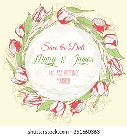 Wreath with red white tulips. Vector illustration