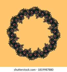 A wreath of red and yellow flowers on an orange background, cartoon style, marsh calla lilies, tulips, beige, peach, wreath, floristry, congratulations, summer, spring, postcard, anniversary, leaves