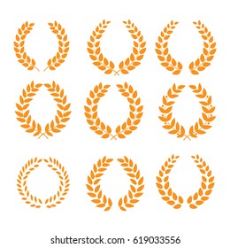Wreath reward orange set. Modern symbol of victory and award achievement champion. Leaf ceremony awarding of winner tournament. Colorful template for badge, tag. Design element. Vector illustration