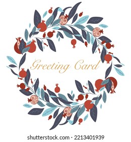 Wreath of ripe pomegranates, leaves and flowers on a white background in vector. Minimal floral ornament isolated. Wreath with plant leaves and fruit. Rosh hashanah. Flat style illustration.