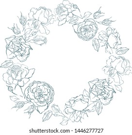 Wreath of rose flowers. Beautiful flowers of roses. Freehand drawing. Beautiful plant. Vector print for textiles. Vector illustration.
