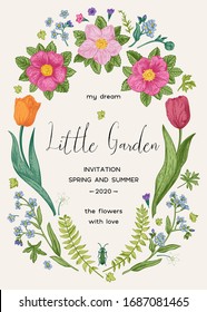 Wreath with rose hips, tulips and forget-me-nots. Little garden. Wedding invitation. Vector illustration in vintage style. Colorful.
