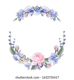 Wreath with rose, leaves, lavender. Round flower frame. Set of floral motif border. Idea for event invites, greeting card, cover, postcard, poster, banner. Editable template for design.