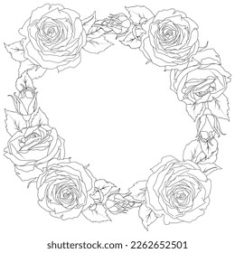 Wreath of a rose and leaves in line art style. Vector illustration. Hand drawn flower. Black and white drawing. For the design of stickers, wedding invitations, stationery, greeting cards.