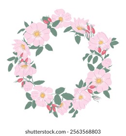 Wreath of rosehip flowers. A frame of roses. Pink flowers in a circle. For invitations, posters, postcards, packaging