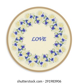 The wreath of roses and cornflowers. Embroidery on the canvas in the hoop. Cross-stitch. Romantic vintage vector illustration. Background white.