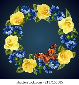 Wreath of roses and cornflowers.Vector illustration with a wreath of roses and cornflowers on a colored background with a butterfly.