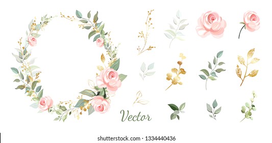 Wreath. Roses. Flower frame with gold and green leaves. Vector invitation design. Set of leaves and pink roses. Background to save the date.Greeting card.