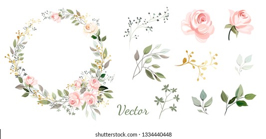 Wreath. Roses. Flower frame with gold and green leaves. Vector invitation design. Set of leaves and pink roses. Background to save the date.Greeting card.
