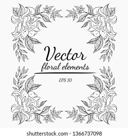 Wreath of roses flowers branch on a gray background. Hand drawn vector illustration. Vector floral elements