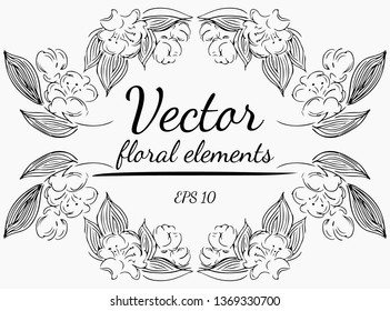 Wreath of roses flowers branch on a gray background. Hand drawn vector illustration. Vector floral elements