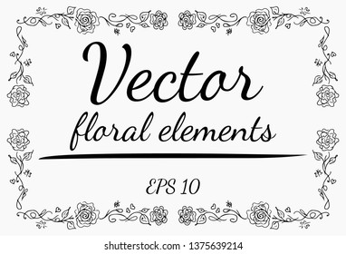 Wreath of roses flowers branch on a gray background. Hand drawn vector illustration. Vector floral elements